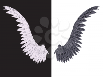 White wing on black background and black wing on white, good and evil concept.