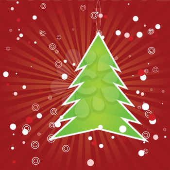 Illustration of green Christmas tree applique on red background.