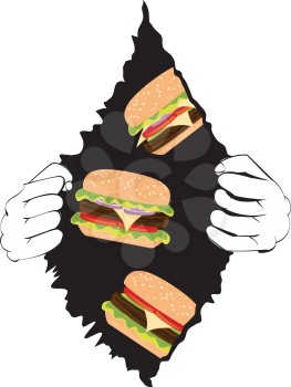 Cartoon delicious big tasty burger and human hands, fast food illustration.