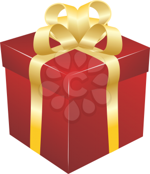 Illustration of red gift box with golden bow on white background.