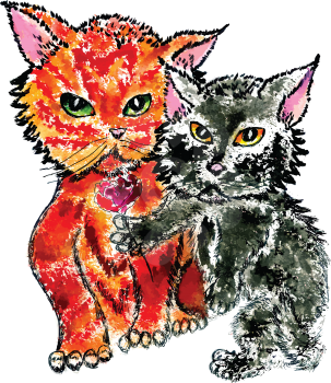 Two cute kittens of red and black color, watercolor painted illustration.