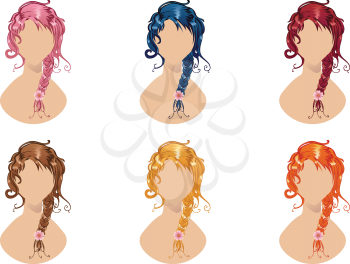 Set of braided hair style in different colors.