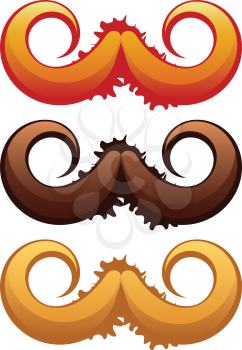 Colorful mustaches set with grunge splatters on white background.