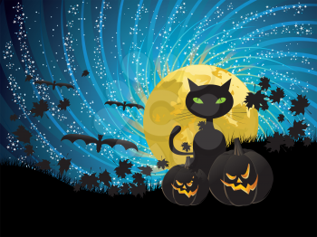 Halloween party background with pumpkins, black cat and moon on starry sky.