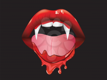 Red lips, white fangs with blood on black background.