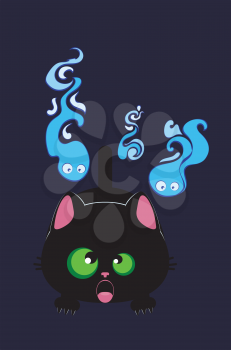 Cute cartoon frightened black cat and ghost wisps background.
