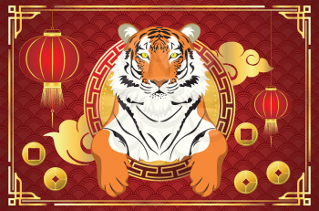 Decorative Chinese new year card with cute tiger illustration.