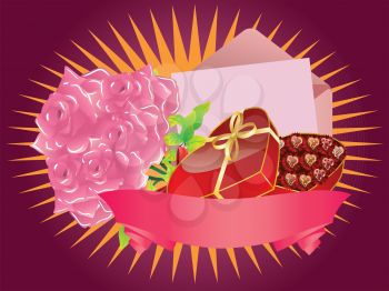 Illustration of gift box, pink roses, letter and ribbon on colorful background.