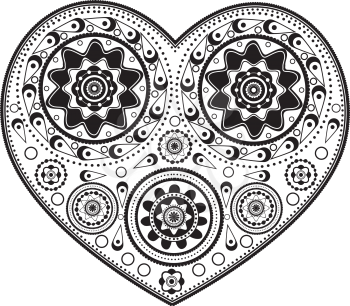 Illustration of abstract ornamental heart in black and white.