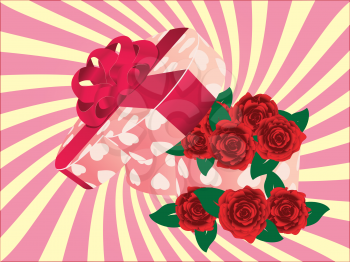 Illustration of heart shaped gift box with red roses.