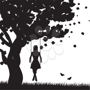Silhouette of a girl on swing under the tree on white background.