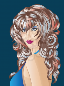 Fancy woman with long curly colorful hair and blue eyes.