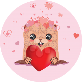 Cartoon kawaii groundhog with lovely hearts, valentines day greeting.
