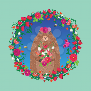 Greeting card design for Groundhog day with cute marmot and flowers.