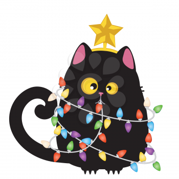 Cute cartoon black cat with colorful Christmas garland and yellow star on the head.