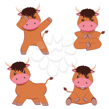 Little cute cartoon brown bull in various poses illustration.