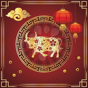Chinese new year card with bull and flowers illustration.