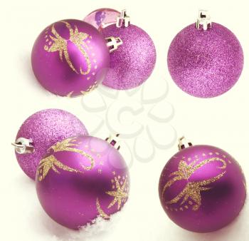 Christmas, New Year purple balls on white background