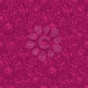 A lot of beautiful pink outline rosebuds on deep purple background, seamless pattern