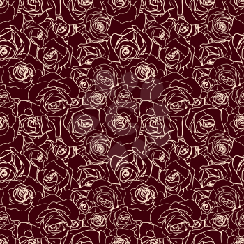 A lot of beautiful vanilla outline rosebuds on dark, seamless pattern
