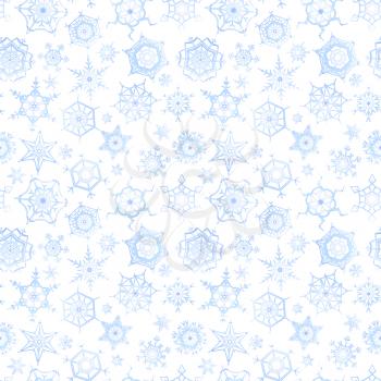 A lot of frozen snowflakes on white background, winter seamless pattern