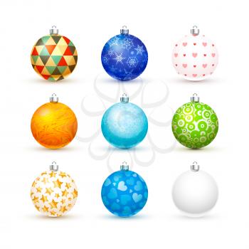 Set of cute different colourful realistic christmas balls isolated on white