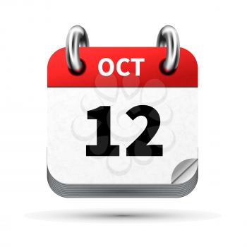 Bright realistic icon of calendar with 12 october date on white