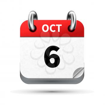 Bright realistic icon of calendar with 6 october date on white