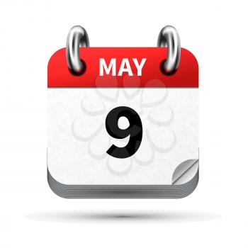 Bright realistic icon of calendar with 9 may date on white