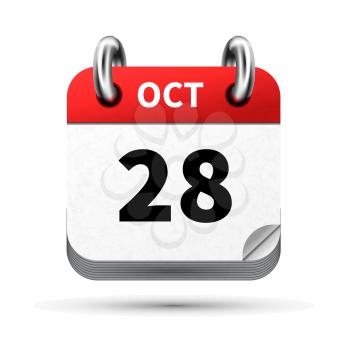 Bright realistic icon of calendar with 28 october date on white