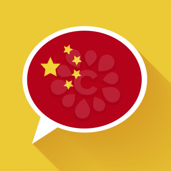 White speech bubble with China flag and long shadow on yellow background. Chinese language conceptual illustration