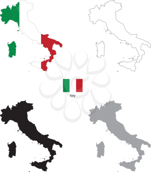 Italy country black silhouette and with flag on background, isolated on white
