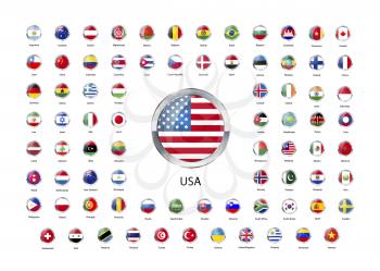 Set of round glossy icons with metallic border of flags of world sovereign states isolated on white