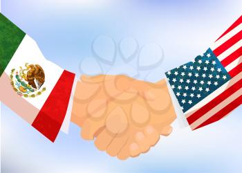 USA and Mexico handshake, concept illustration on blue sky background