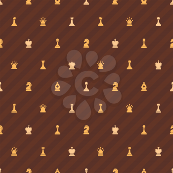 Beige chess icons on brown striped background, seamless pattern