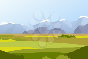 Landscape with fields and mountains, flat illustration