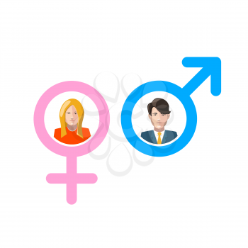 Man and woman gender signs with flat portraits isolated on white