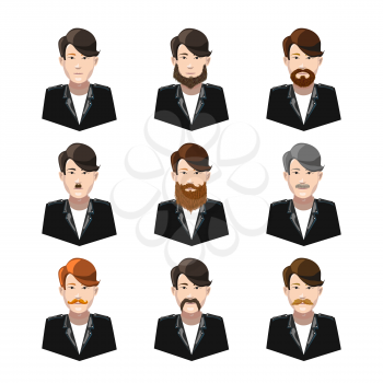 Set of young men with different type of mustaches and beards isolated on white