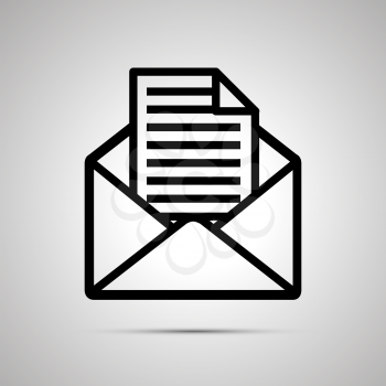 Simple black icon of open envelope with page of document with text inside, with shadow on light background