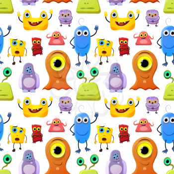 Crowd of cute monsters different colours on white background, childish seamless pattern