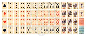 Full set of detailed colorful poker cards with old paper texture on white