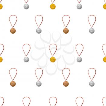 Gold, silver ang bronze medals with ribbon on white background seamless pattern