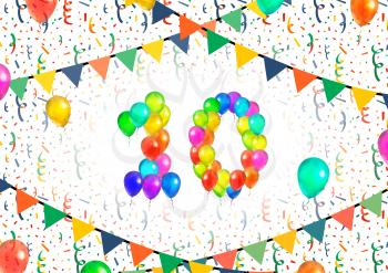 Number ten made up from bright colorful balloons on white background with confetti