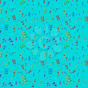 A lot of bright colorful confetti and serpentine on blue background, anniversary party seamless pattern