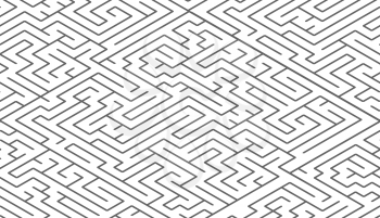 Black complicated maze in isometric view on white, seamless pattern
