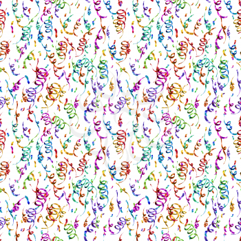 Bright colorful confetti and serpentine isolated on white background, anniversary party seamless pattern