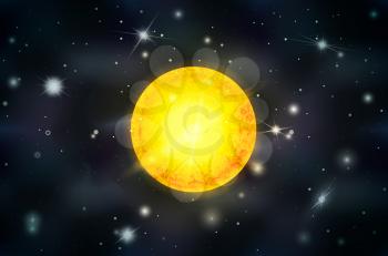Bright yellow sun star with light rays on deep space background with bright stars and constellations