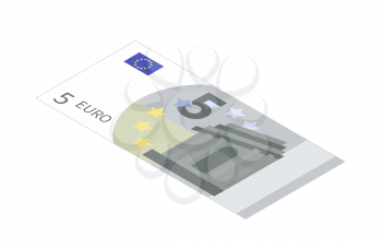 Flat five euro banknote in isometric view isolated on white