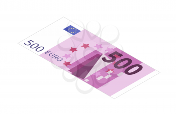 Flat five hundreds euro banknote in isometric view isolated on white