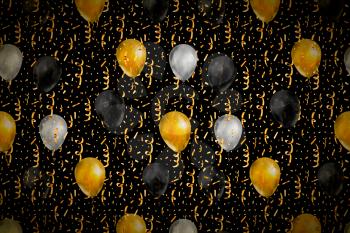 Luxury background with bright golden serpentine, confetti and balloons on black